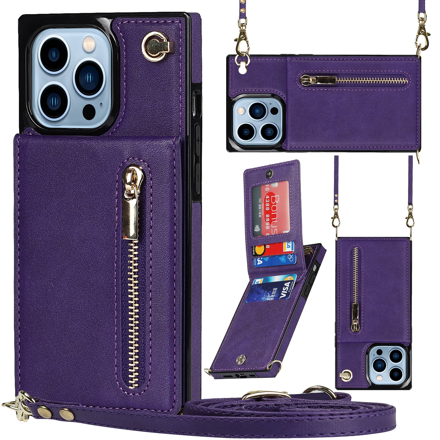For iPhone 14 Pro Kickstand Phone Case Zipper Wallet Leather TPU Cover with Shoulder Strap For iPhone 14 Pro Kickstand Phone Case Zipper Wallet Leather TPU Cover with Shoulder Strap